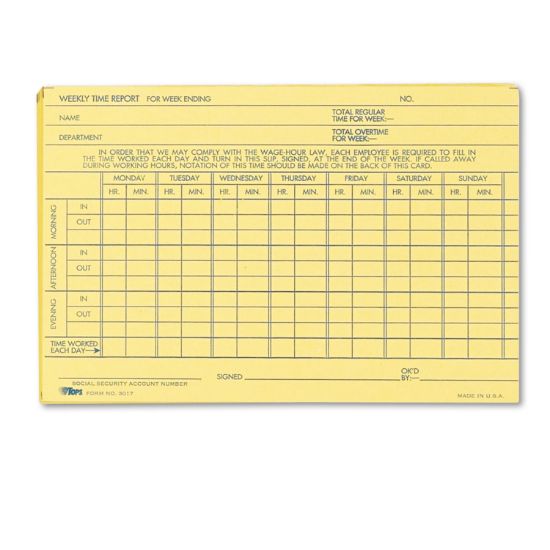 Picture of Employee Time Report Card, Weekly, 6 x 4, 100/Pack